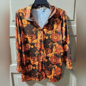 Earthbound Trading Co. Orange Brown Floral Butterfly Pattern Button Jacket Shirt